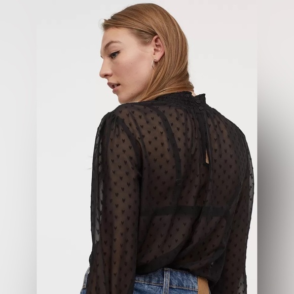 H&M Elegant Sheer Black Chiffon Blouse With Smocking and Textured Hearts Size 2 - Picture 6 of 15